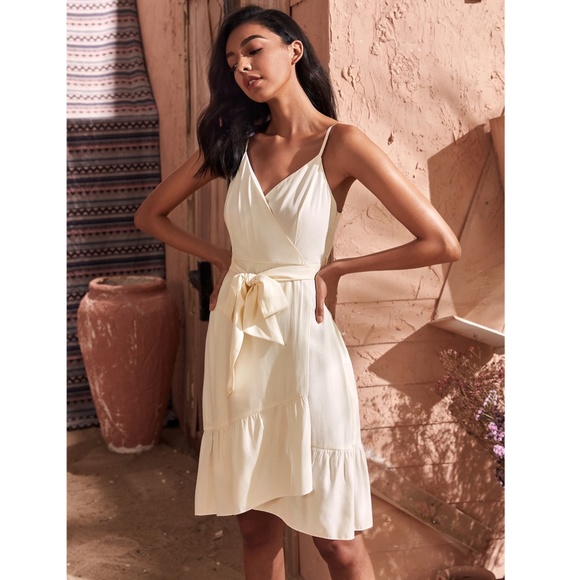 Ruffle Detail Belted Wrap Beige Dress - Picture 2 of 8